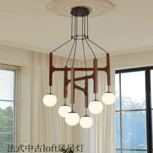 Plafonnier suspendu en bois design industriel vintage moderne avec sphères en verre lumière chaleureuse éclairage salon chambre salle à manger