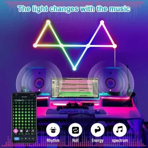 Luminaire mur LED néons tubes géométriques design moderne cyberpunk DJ RGB music sync app contrôle éclairage ambiant chambre studio jeu salle fête élégance future Luminaire mur LED néons tubes géométriques design moderne cyberpunk DJ RGB music sync app contrôle éclairage ambiant chambre studio jeu salle fête élégance future
