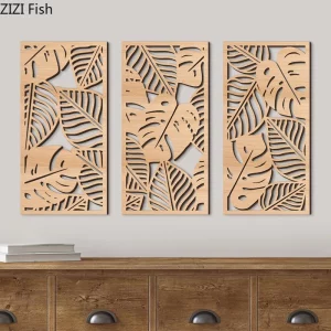 Panneaux muraux suspendus en bois naturel  design moderne feuilles tropicales  décoration murale élégante et versatile pour salon  chambre ou bureau