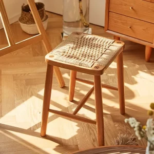Tabouret en bois design nordique moderne assise en corde tressée meuble de salon chambre cuisine bureau intérieur minimaliste naturel Tabouret en bois design nordique moderne assise en corde tressée meuble de salon chambre cuisine bureau intérieur minimaliste naturel