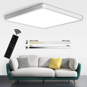 Plafonnier LED design moderne ultra-mince bois grainé lumière ajustable télécommande carré éclairage salon cuisine chaleureux économique élégant