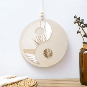 Miroir décoratif bois naturel Yin-Yang design Zen minimaliste décoration murale salon chambre Feng Shui élégance harmonie