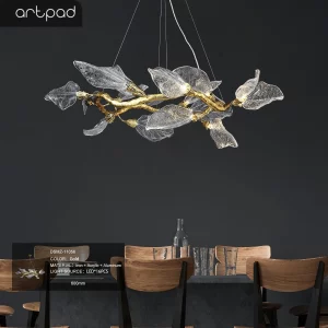 Suspension métal et acrylique design moderne doré feuilles transparentes éclairage LED salon chambre cuisine hôtel élégance lumière douce