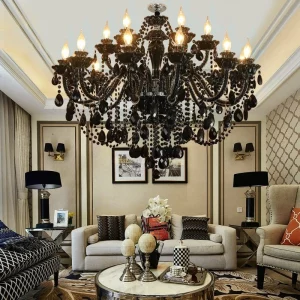 Chandelier en métal et cristal noir design baroque élégant salle à manger salon restaurant chambre à coucher lumière chaleureuse ambiance sophistiquée Chandelier en métal et cristal noir design baroque élégant salle à manger salon restaurant chambre à coucher lumière chaleureuse ambiance sophistiquée
