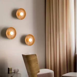 Applique murale LED ronde en bois naturel style japonais luminaire décoratif salon chambre à coucher couloir éclairage chaleureux économique élégant