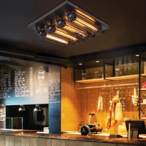 Plafonnier industriel vintage filament métal noir design rétro café bar restaurant éclairage intérieur extérieur décoration élégante ambiance chaleureuse