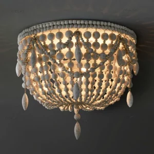 Plafonnier bois perles design rustique bohème style artisanal lumière chaleureuse salon chambre décoration intérieure