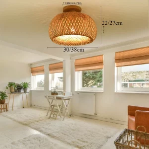 Plafonnier en bambou tressé et bois naturel design scandinave lumière chaleureuse éclairage moderne salle à manger chambre salon déco intérieure
