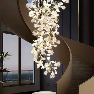 Suspension chandelier style nordique en verre et métal design organique feuilles Ginkgo biloba pour salle à manger escalier Suspension chandelier style nordique en verre et métal design organique feuilles Ginkgo biloba pour salle à manger escalier
