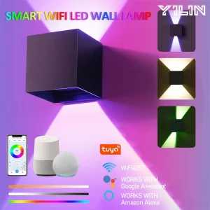Applique murale LED aluminium intelligent Wi-Fi  IP65 étanche  design moderne  cube lumineux RGBCW  Alexa compatible  éclairage ambiant intelligent  économies d’énergie
