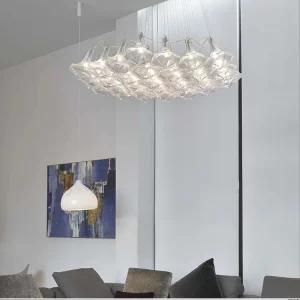 Plafonnier moderne suspendu verre transparent design minimaliste salon salle à manger lumière douce élégance contemporaine
