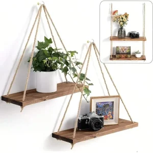 Étagère murale suspendue en bois naturel corde de chanvre design rustique minimaliste salon chambre bureau décoration intérieure étagère flottante