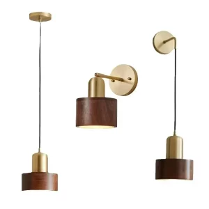 Suspension et applique murale en métal doré et bois sombre design moderne industriel éclairage chaleureux salon chambre bureau Suspension et applique murale en métal doré et bois sombre design moderne industriel éclairage chaleureux salon chambre bureau