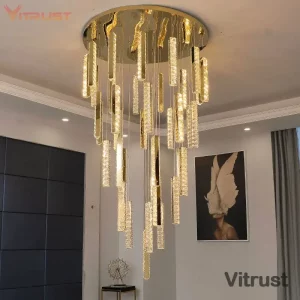 Plafonnier Lustre Doré Verre Métal Design Moderne Luxueux Salon Hall Éclairage Brillant Diffus Ambiance Prestigieuse Économique
