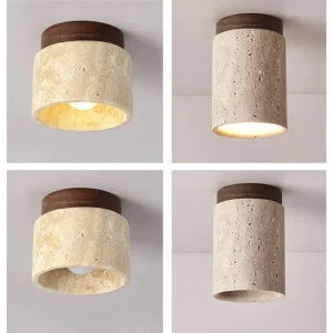 Plafonnier en travertin et bois naturel design moderne rustique luminaire décoratif pour salon chambre ou couloir éclairage chaleureux élégance naturelle Plafonnier en travertin et bois naturel design moderne rustique luminaire décoratif pour salon chambre ou couloir éclairage chaleureux élégance naturelle