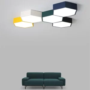 Plafonnier hexagonal design nordique moderne lumière verte LED chambre hôtel restaurant décoration intérieure éclairage chaleureux économies d’énergie