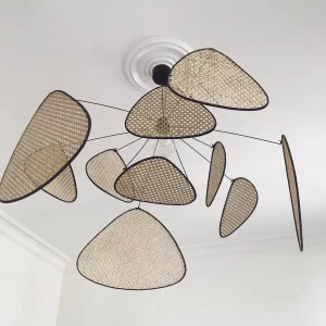 Plafonnier moderne en rotin design scandinave lumière douce salon chambre Suspension éclairage naturel avec cadre métallique noir