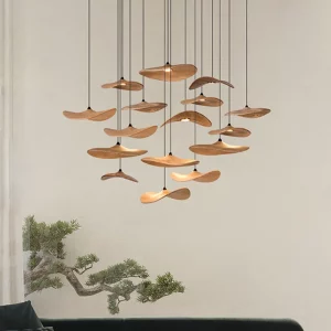 Suspension en bois design organique moderne luminaire japonais feuille de lotus salon salle à manger éclairage chaleureux naturel Suspension en bois design organique moderne luminaire japonais feuille de lotus salon salle à manger éclairage chaleureux naturel
