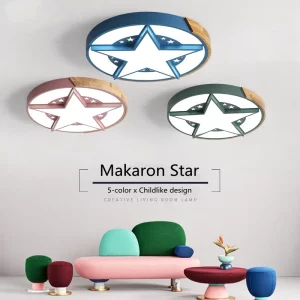 Plafonnier en bois et métal étoile nordique lumineuse LED design moderne ludique pour chambre d’enfants éclairage chaleureux économique