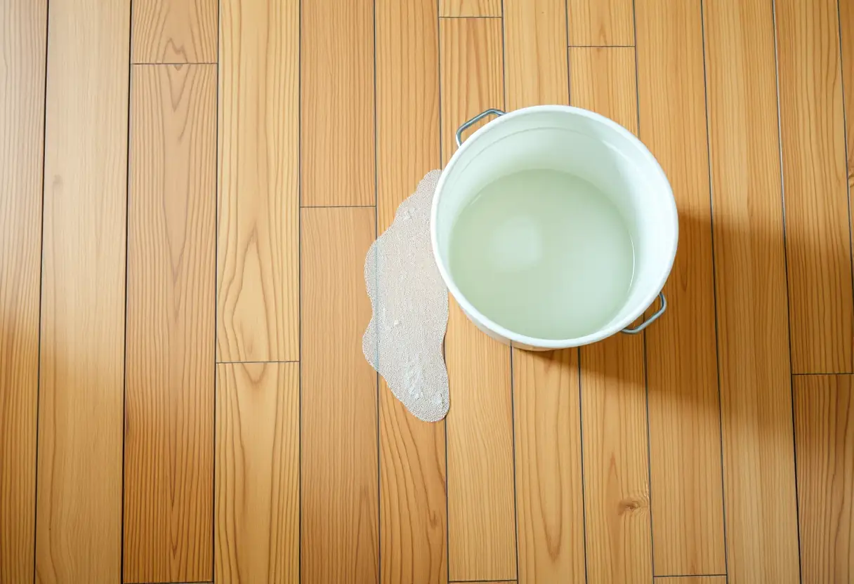 Seau avec solution douce pour nettoyer un plancher en bois, lumière naturelle