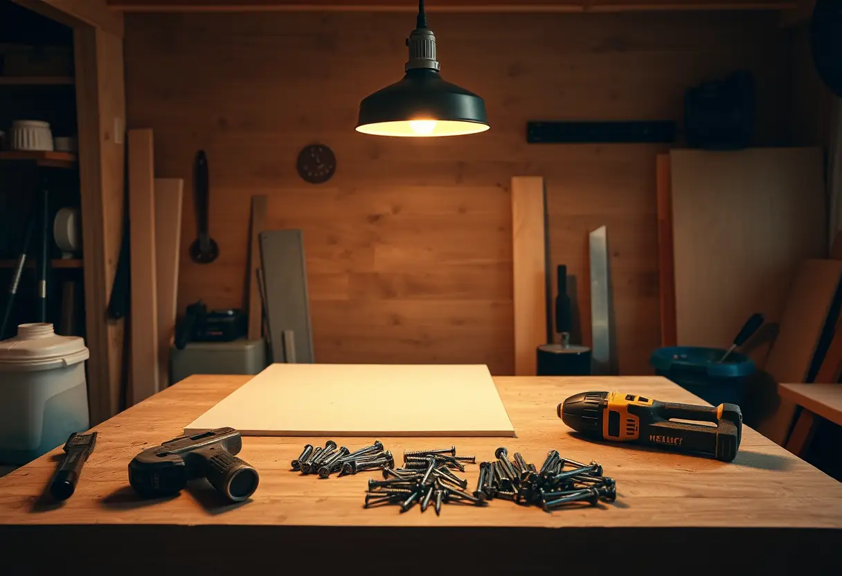 Outils sur un plan de travail en bois sous une suspension, lumière chaude sur du placo fraîchement coupé