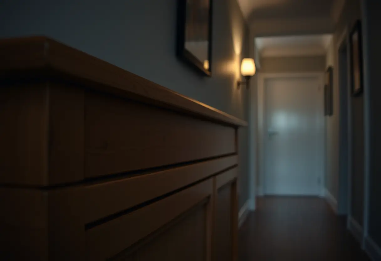 Dressoir peint dans un couloir sombre, éclairé par un sconce mural