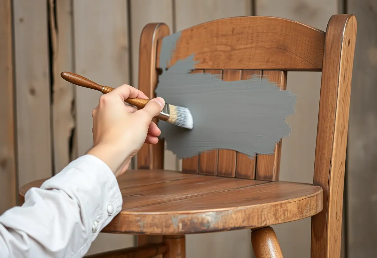 Main d'artiste peignant une chaise en bois ancienne en gris, soulignant la transformation et la chaleur de la couleur