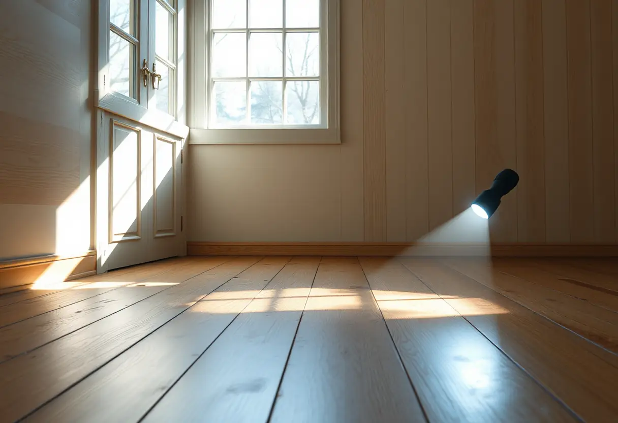 Inspection minutieuse d'un parquet en damier sous la lumière du jour