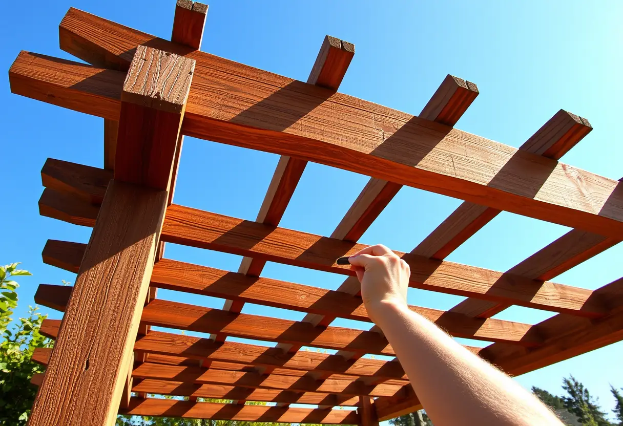 Maindre du bois d'une pergola avec une tache protectrice