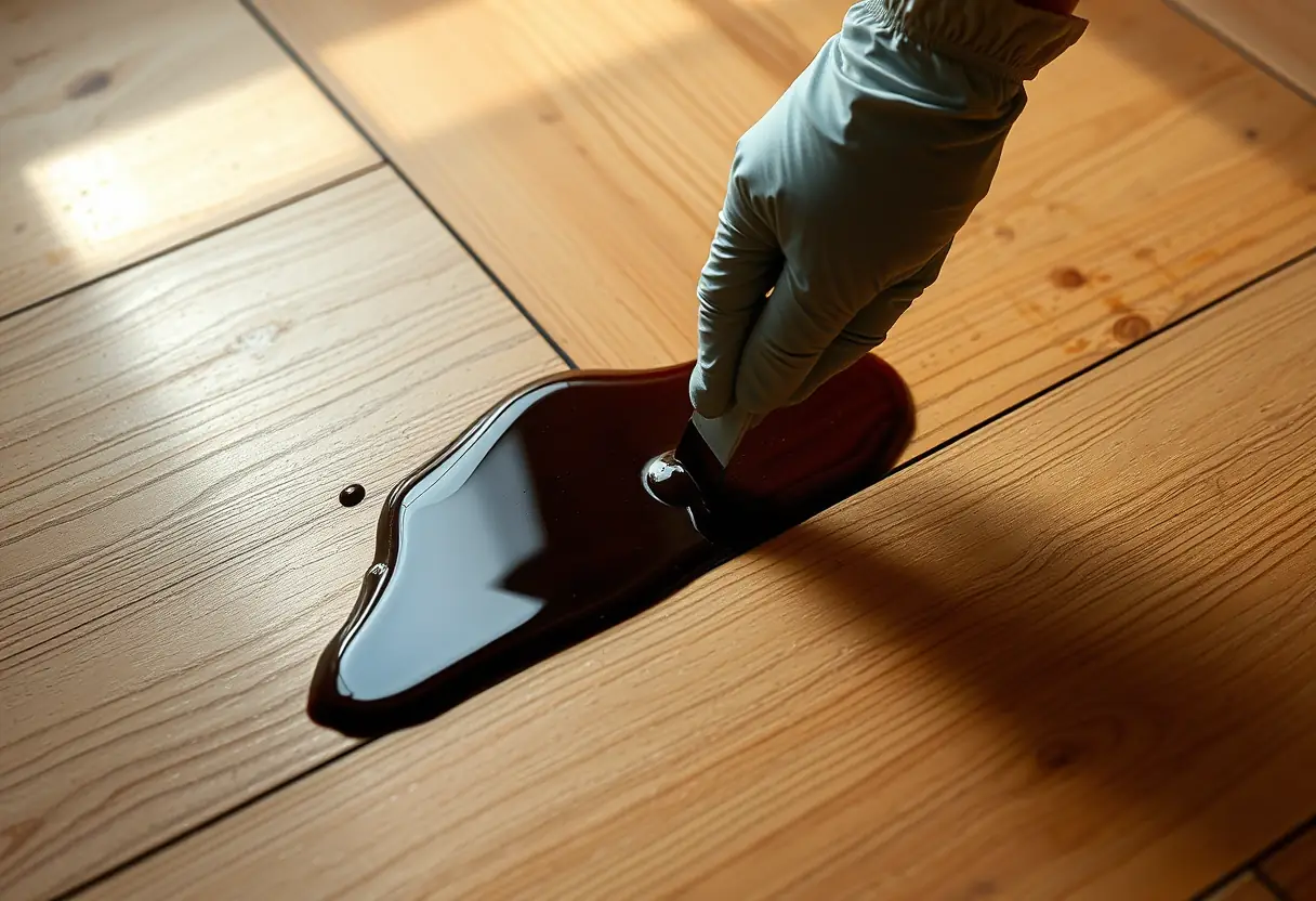 Une main gantée applique soigneusement une teinture sur un plancher en bois, éclairé par une lumière naturelle