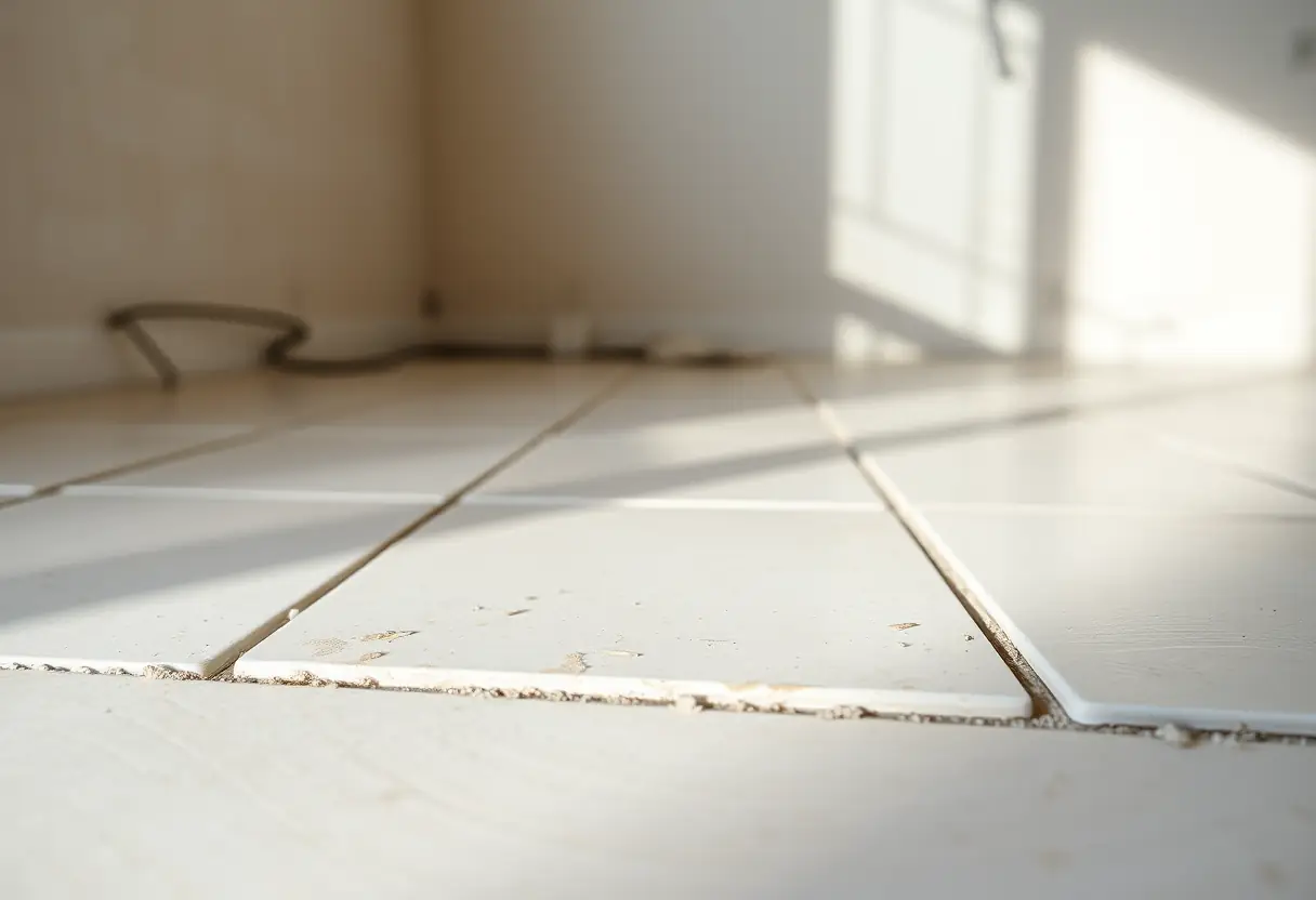 Carreau fraîchement posé avec sa couche d'adhesive, soulignant l'artisanat dans un espace non fini